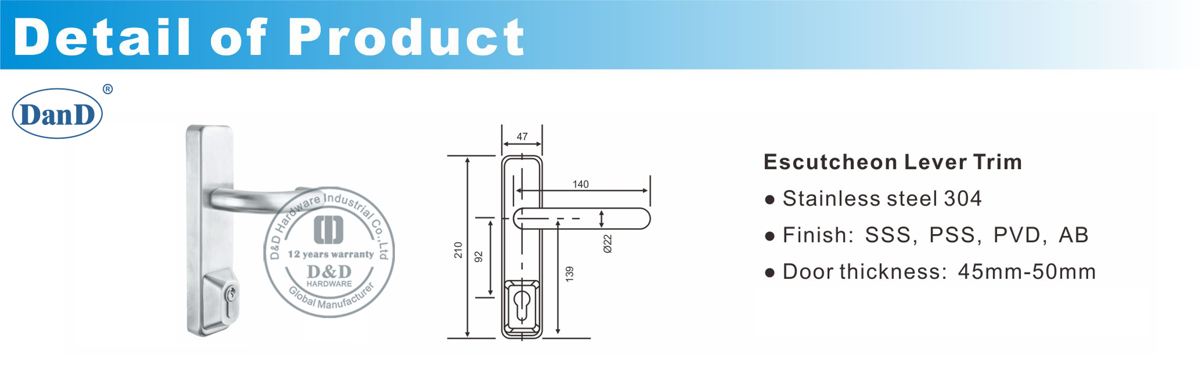 Emergency Exit Door With Escutcheon Lever Trim-D and D Hardware 이스커천 레버 트림-D 및 D 하드웨어가 있는 비상구 문