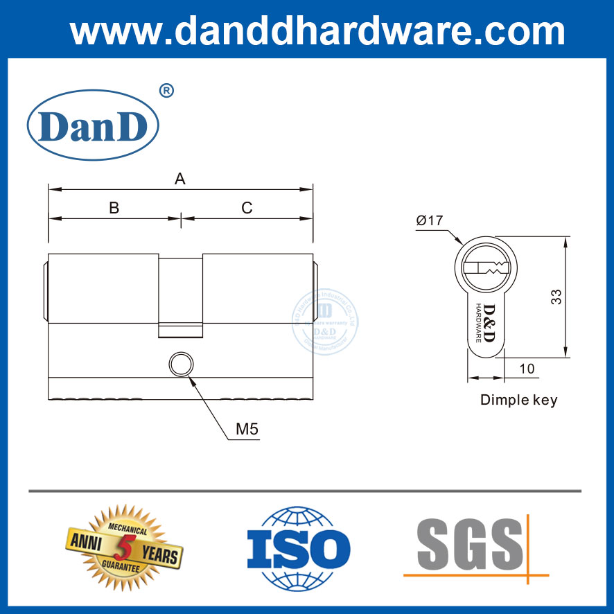 5개의 열쇠-DDLC023를 가진 높은 보안 단단한 금관 악기 이중 자물쇠 문 실린더