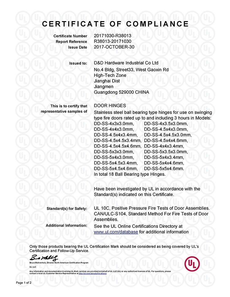 UL 인증을 받은 SUS201 헤비듀티 피팅 버트 도어 힌지 - DDSS008-FR