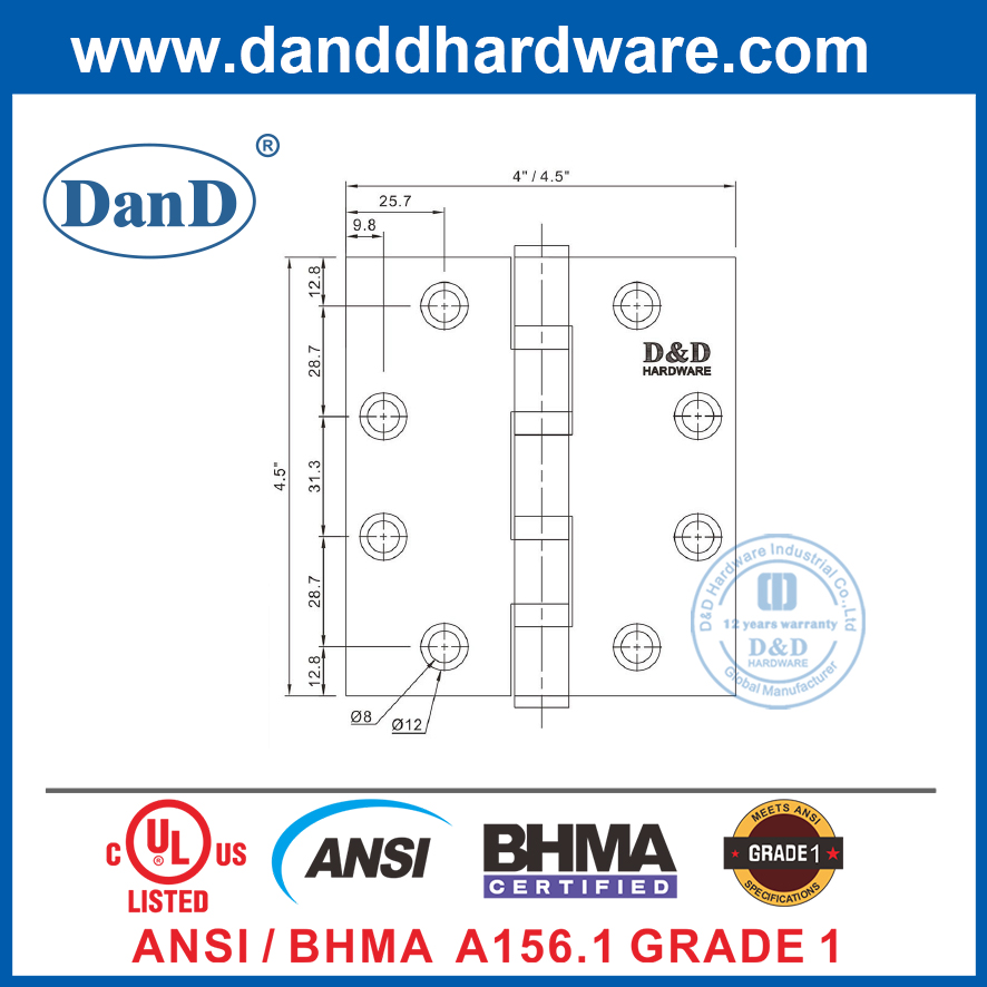 ANSI BHAM SUS201 방화 등급 Door-DDSS001-ANSI-1용 헤비듀티 도어 힌지