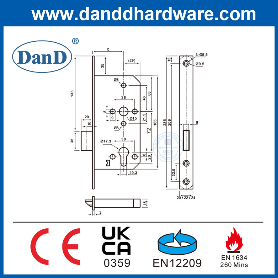 전문 스테인레스 스틸 화재 정격 안전 Deadbolt 장붓 구멍 내부 도어 Lock-DDML013R-6072