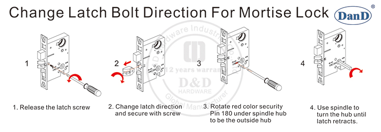 Mortise Lock-D 및 D 하드웨어의 래치 볼트 방향 변경