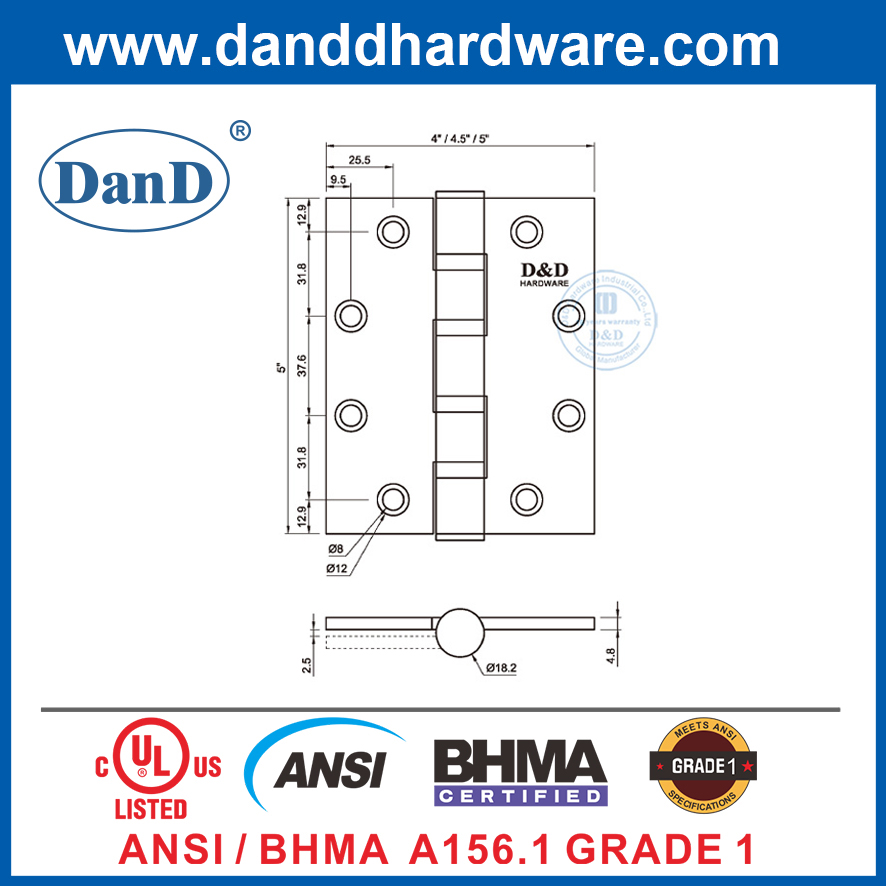 ANSI BHMA 등급 1 헤비 듀티 스테인레스 스틸 방화 도어 경첩 -DDSS001-ANSI-1-5X4X4.8