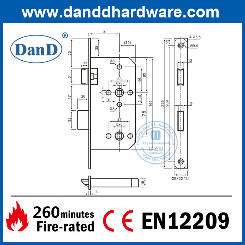 욕실 Door-DDML012-6078용 CE 화재 등급 라운드 Forend 장붓구멍 자물쇠