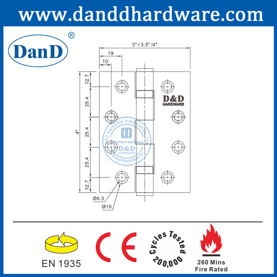 CE 유로 스타일 스테인레스 스틸 304 맞대기 내화성이 있는 금속 도어 경첩 -DDSS001-CE -4x3x3 