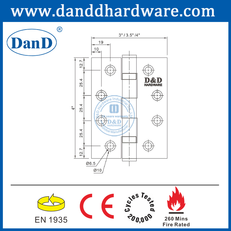 CE EN1935 SS201 복합 연기 도어-DDSS001-CE -4X4X3용 270도 경첩