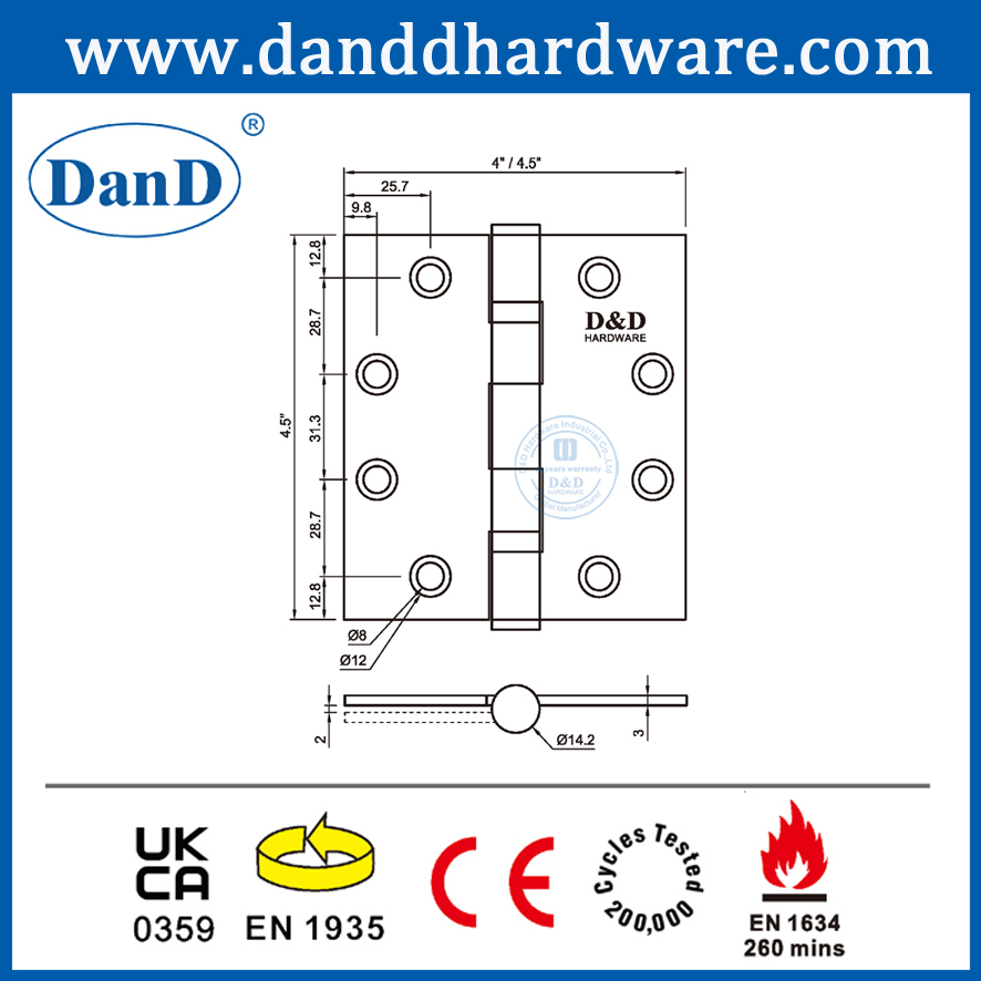 4.5 인치 EN1634 Fire Mortise Grade 13 이중 볼 베어링 CE 도어 Hinge-DDSS001-CE