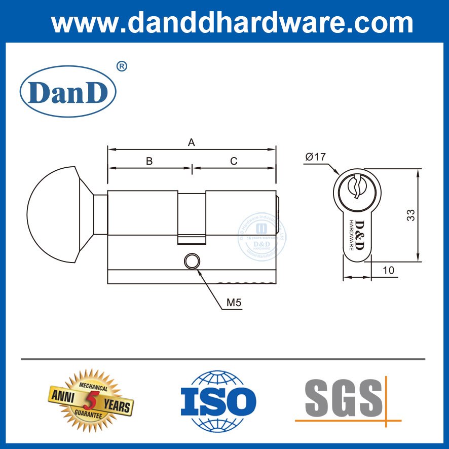 Thumbturn-DDLC005가 포함된 유로 황동 코어 장붓 구멍 세트 핀 도어 잠금 실린더